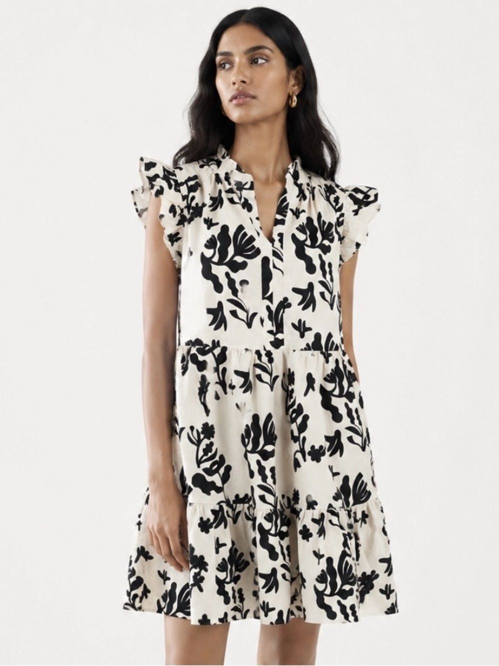 AVARA Ivory and Black Floral 100% Cotton Ruffle-Sleeve Dress Size Medium